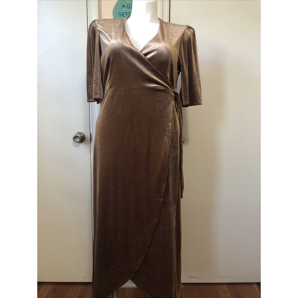 NWT Silk & Salt Journey Maxi Wrap Dress Velvet Champagne XL 3/4 Sleeve V Neck